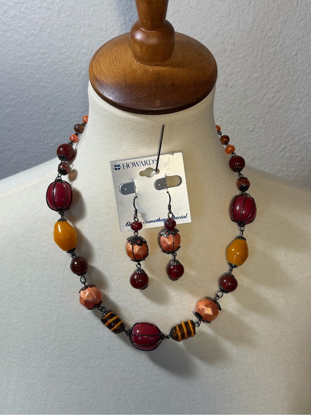 Multicolor Bead Necklace & Earring Set - Red, Orange, Yellow